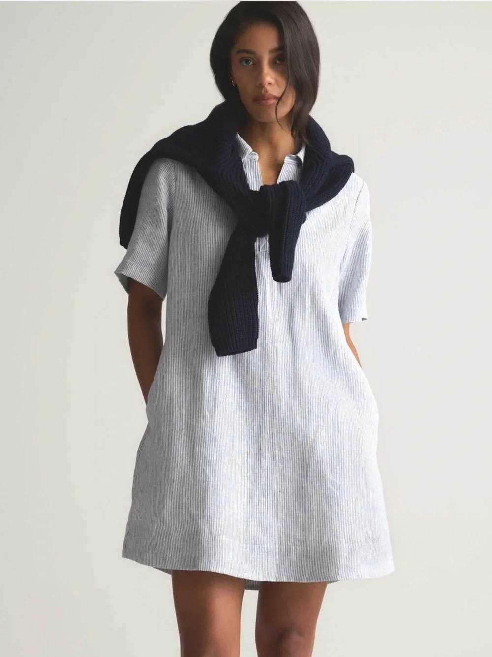 Quince 100% European Linen Popover Mini Dress Blue Pinstripe M Summer Pockets - Picture 5 of 15